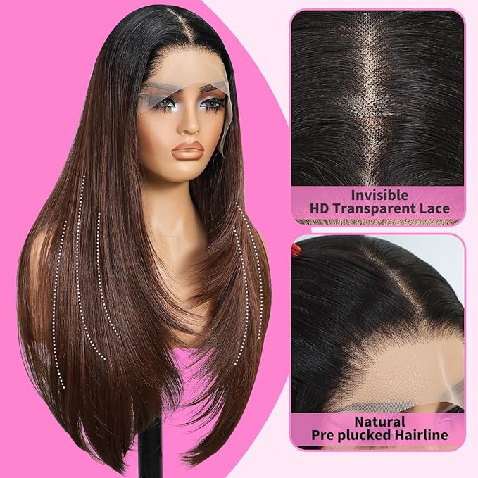 13x4 Synthetic Lace Front Wigs Pre Plucked Auburn with Black Root 26 Inch Long Layered Straight Wigs For Women 100% Futura Premium Fiber Ready to Wear Wig With Bangs Daily Party Use
