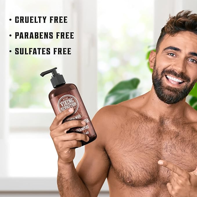 Viking Revolution Sandalwood Men's Shampoo with Biotin and Jojoba Oil - Natural Hair Shampoo for Men with Vitamin B5 and Hair Loss Thinning Hair Treatment (17 Oz)