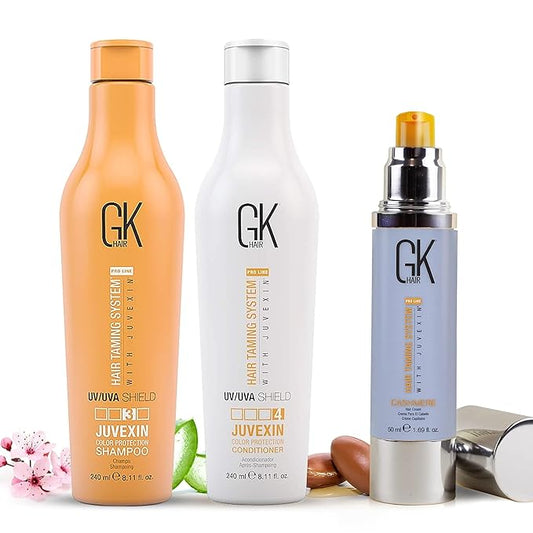 GK HAIR Shield Shampoo and Conditioner 240ml with Leave-In Cashmere Cream 50ml for Color-Treated Hair, Moisturizing Protection, UV Defense, Anti-Frizz Control, and Hydration