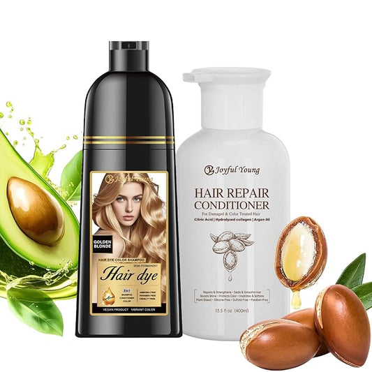 3-in-1 Natural Hair Dye Shampoo & Hair Repair Conditioner Bundle - Gray Coverage & Deep Moisture - Vegan, Sulfate-Free, Color-Safe - Argan Oil, Collagen - 2x400ml (GOLDEN BLONDE)