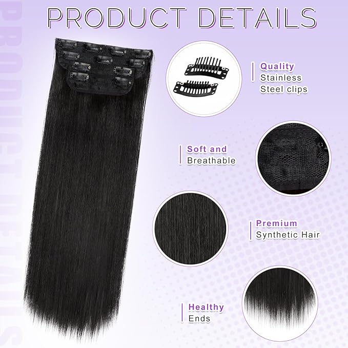 Vigorous Black Hair Extension Straight 22Inch Straight Clip in Hair Extensions 4PCS Natural Thick Synthetic Hairpieces for Women