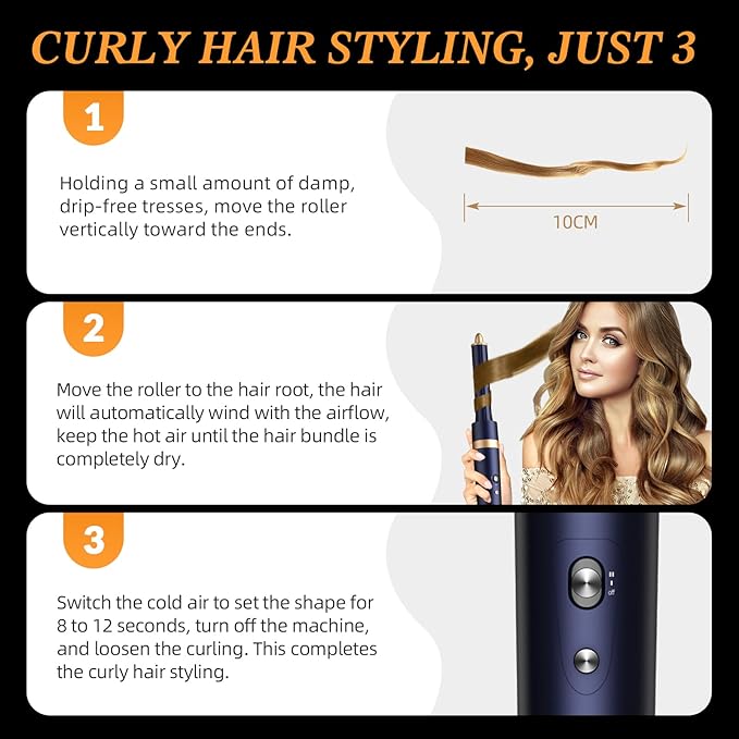 6-in-1 Hair Dryer Brush & Curling Iron Set, Hot Air Styler Hair Curler for Fast Drying, Smoothing & Volumizing, No Heat Damage, Professional Blowout Tool with Travel Case - Prussian Blue