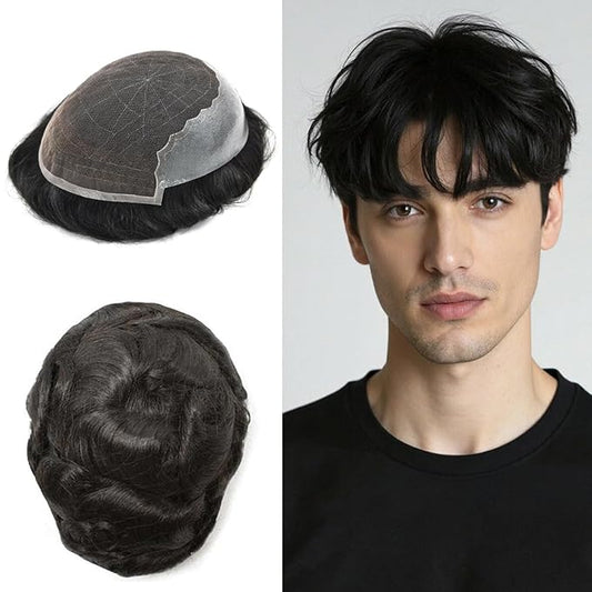 Mens Hair System French Lace Front Bleached Knots Human Hair Toupee for Men Hairpiece