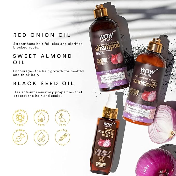 WOW Skin Science Onion Black Seed Oil Shampoo & Conditioner Treatment Set with Oil for Strong, Soft & Shine Hair for All, Dry, Damaged Hair Types, Sulfate, Paraben, Silicone Free