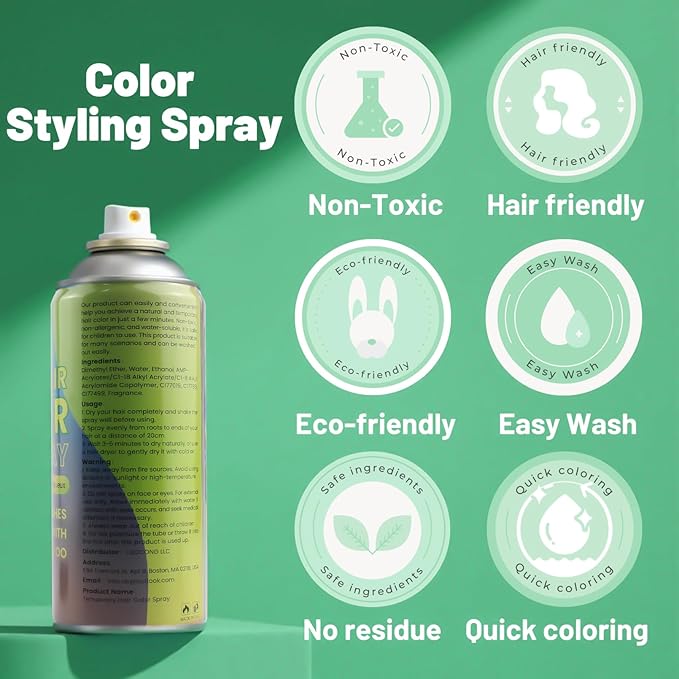 Green Hair Spray, Temporary Hair Color Spray for Kids Women Men– Safe Non Sticky Washable One Day Hair Dye Spray, Disposable Accessories Included, for Halloween Cosplay Party DIY Costume Pet Fun