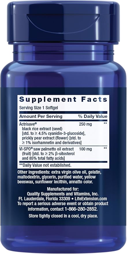 Life Extension Hair Growth for Men, ActriSave® Prickly pear and Black Rice, VI-SPO® Saw Palmetto, Supports Hair Growth, Fullness and Density, Non-GMO, 1-Daily, Gluten-Free, 30 softgels