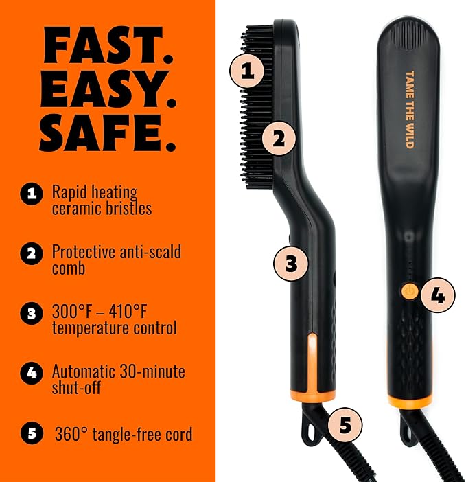 Tame the Wild Premium Beard Grooming Kit - Heated Beard Brush, Straightener Comb, Heat Protectant Spray, Beard Soap, Balm, Wooden Comb, and Storage Case