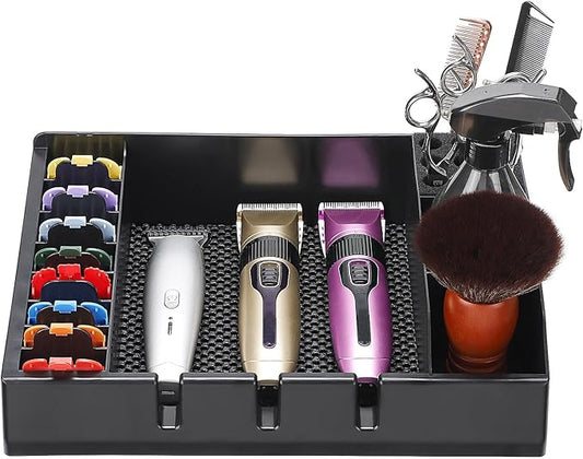 Barber Station Organizer Tray, Barber Clipper Organizer for Trimmers, Razors, Scissors, Combs & Brushes, Multi-Compartments Barbershop Salon Countertop Tray for Hairdressing Tool, Non-slip Mat