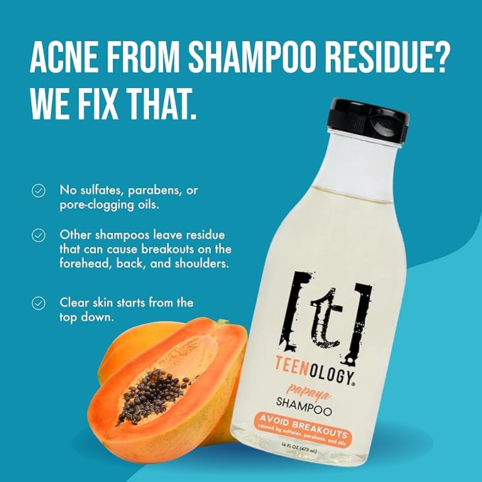 Teenology Teen Shampoo – Avoid Acne Breakouts, Non-Comedogenic, For Dry & Oily Scalps, Sulfate & Paraben Free, Natural Botanical Extracts, for Clear Skin & Healthy Hair, 16 oz – (Papaya)