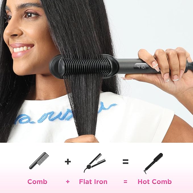 Prizm Hair Straightener Brush, 20s Fast Heating, Negative Ions Hair Straightening Comb with Less Frizz, 4 Temp Settings & LED Display, Anti-Scald Design, Gift for Women, Dual Voltage, Black