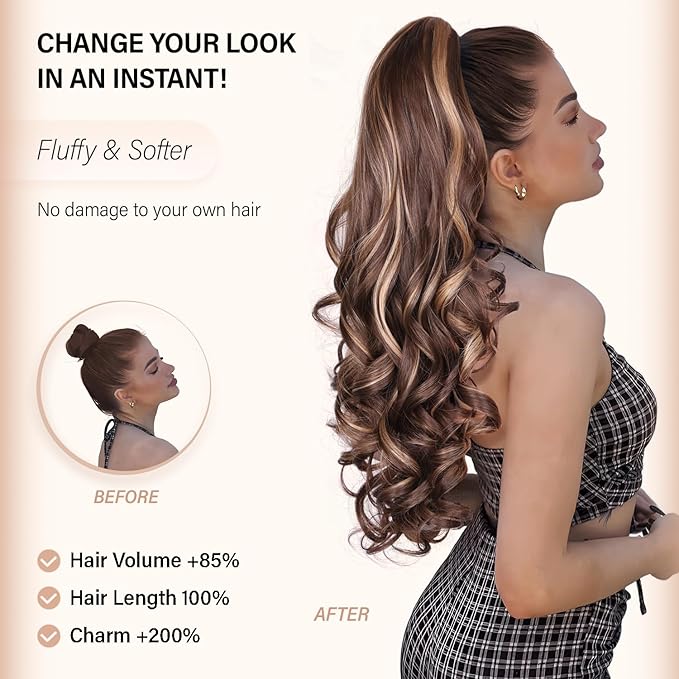24 Inch Ponytail Extension, Clip on Ponytails for Women, Long Curly Wavy Ponytail Extensions for Women, Synthetic Layered Pony Tails Hair Extensions (Color:Medium Blonde with Bleach Blonde Ends)