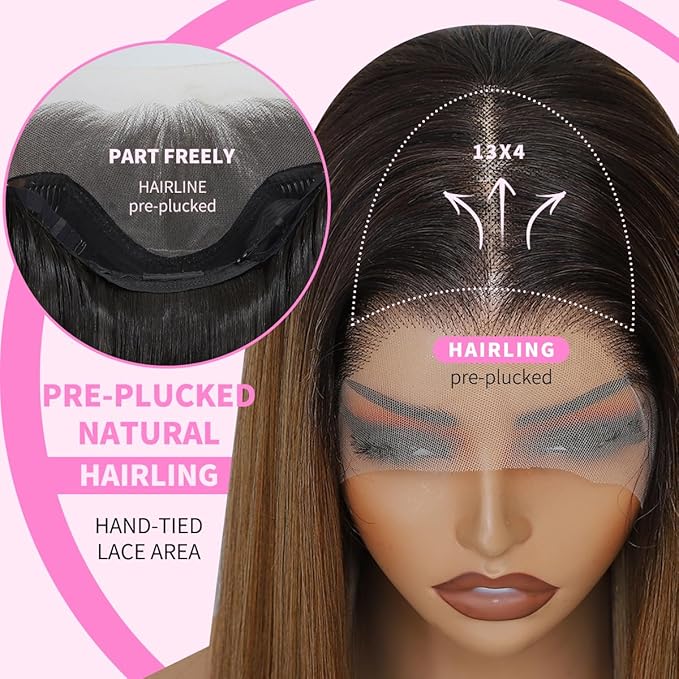 13x4 Synthetic Lace Front Wigs Pre Plucked Honey Blonde with Black 26 Inch Long Layered Straight Wigs For Women 100% Futura Premium Fiber Ready to Wear Wig With Bangs Daily Party Use