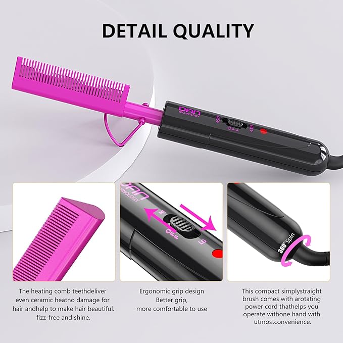 DAN Technology Dual Voltage Ceramic Hair Straightener and Styling Comb - For Lace Front Wigs, Black Hair, and More