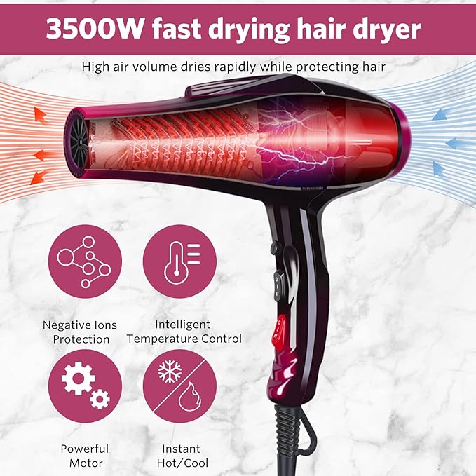 Professional Hair Dryer Ionic Blow Dryer 3500 Watt Powerful Salon Hair Dryers Ceramic Tourmaline Quick Dry Blow Dryer with AC Motor Concentrator Diffuser Attachments