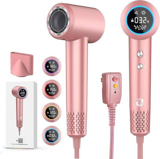 KARFUN Plasma Hair Dryer, 1500W High Speed Blow Dryer with Plasma Tech (Positive+Negative Ionic), LED Display, 5 Temps 2 Speed, Thermo-Control, Fast Drying Plasma Hairdryer for Home Travel (Rose Gold)