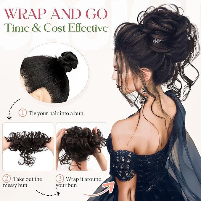 2PCS Messy Bun Hair Piece Tousled Updo with Tendrils Wavy Curly Hair Bun Scrunchies Ponytail Extension Elastic Band Hairpieces For Women (Bleach Blonde)