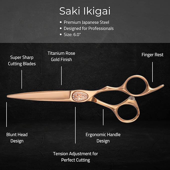 Saki Shears Ikigai Rose Gold Hairdresser Cutting Shears - 6" Inch Hair Scissors - For Students and Professional Use - Super Sharp and Durable - Rose Gold Titanium Finish