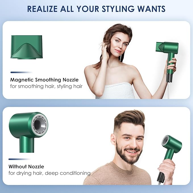 Professional Hair Dryer - 150000 RPM High-Speed, Negative Ionic for Fast Drying and Hair Care. Low Noise, 4 Temps/2 Speeds, Lightweight with Magnetic Nozzle. (Green)