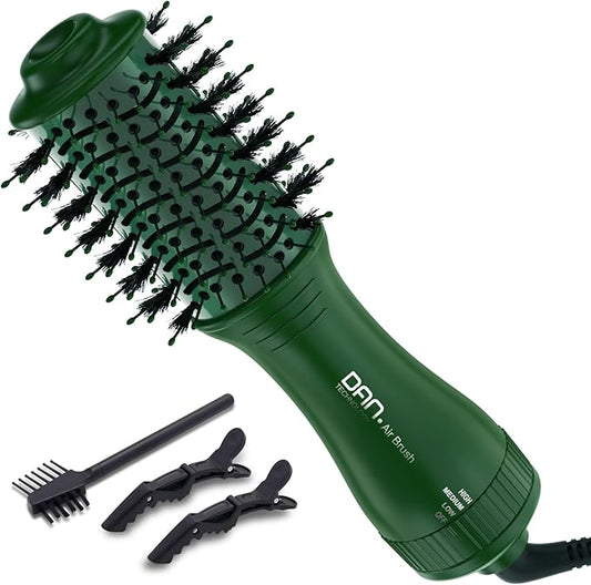 Dan Technology Hot Air Brush, 4-in-1 Hair Dryer, Comb, Straightener, and Curler, with Ceramic Glaze Barrel, for Damp, Fluffy, Messy, Straightened, Dried, Curly Hair, 2-Inch, Green