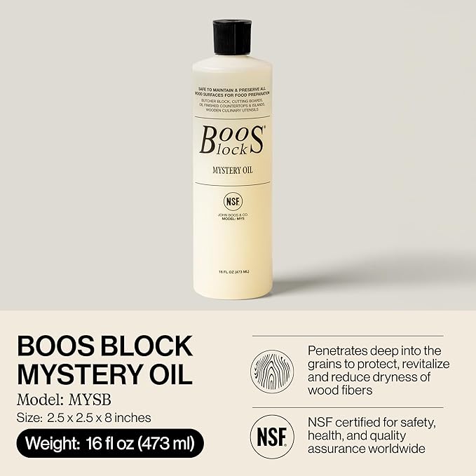 John Boos All-Natural Mystery Oil, Revitalizing Wood Conditioner, 16 oz - Food-Grade Mineral Oil for Butcher Blocks, Cutting Boards, Countertops and Wooden Culinary Utensils