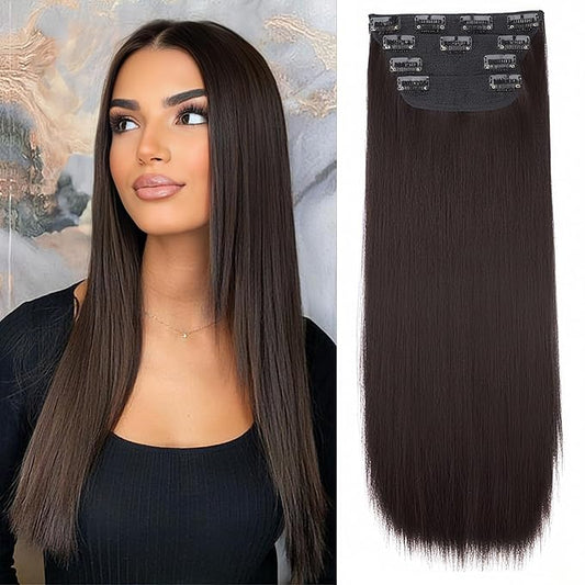 Vigorous Clip in Hair Extensions 22 Inch Dark Brown Hair Extension Clip Ins 4PCS Soft Synthetic Straight Hairpieces for Women