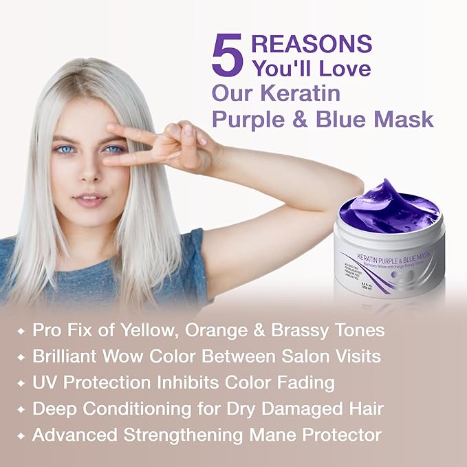 VITAMINS hair cosmetics Keratin Thick Hair Leave-In Conditioner & Purple Blue Hair Mask Kit, No Rinse Moisturizing Curl Cream & Anti-Brass Conditioner for Bleached Blonde Platinum Silver Gray Dry Hair