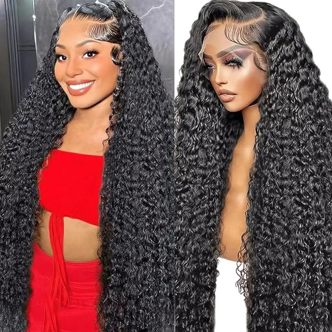 30 Inch Deep Wave Lace Front Wigs Human Hair 13x6 HD Lace 200 Density Frontal Glueless Wigs Human Hair Pre Plucked Deep Curly Wig with Baby Hair Natural Black