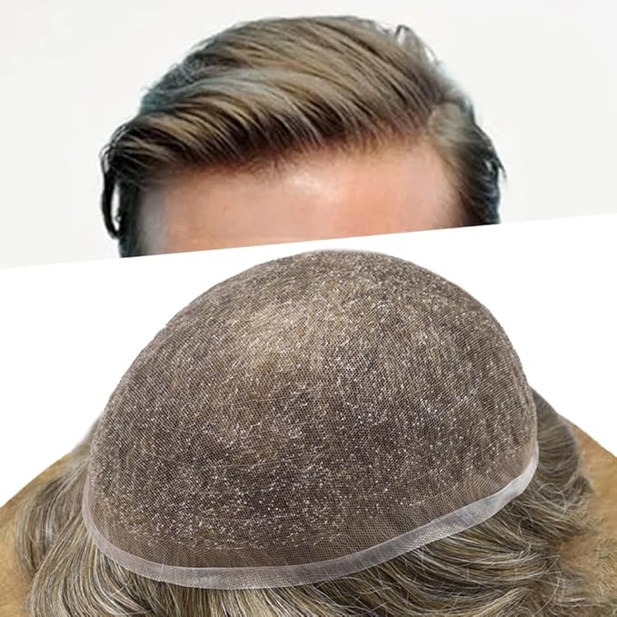Toupee For Men Real Human Hair System For Men Full Swiss Lace Mens Toupee Lace Hair Piece For Men Hair System Bleached Knots 8x10-90% light density#450 4# MEDIUM BROWN+50% GREY