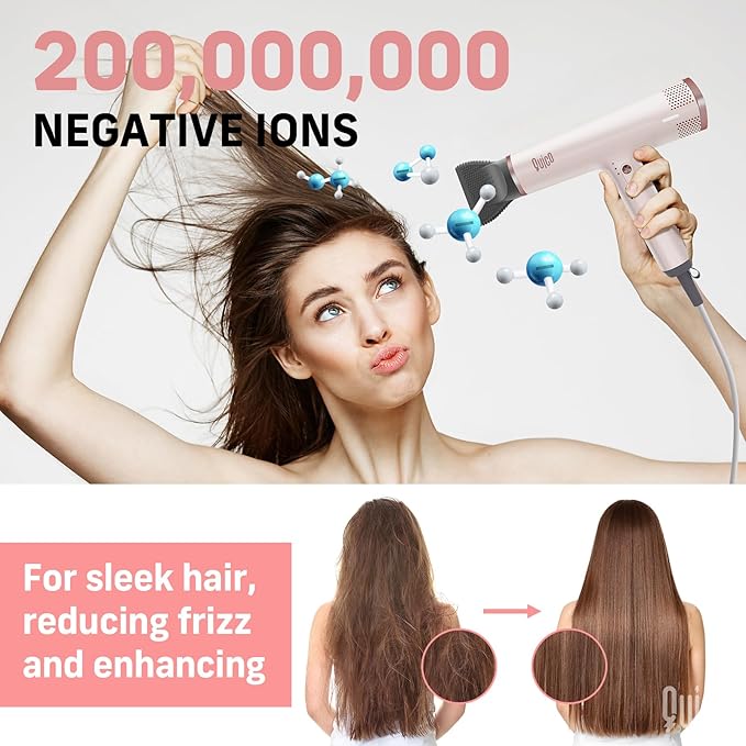 Quico Hair Blow Dryer for Women, 7X Faster BLDC Motor, Quiet 1875W 110000 RPM 2 Billion Negative Ionic Salon with Diffuser, Adjustable Temp & Speed, Portable Hair Dryer for Home Travel, Pink