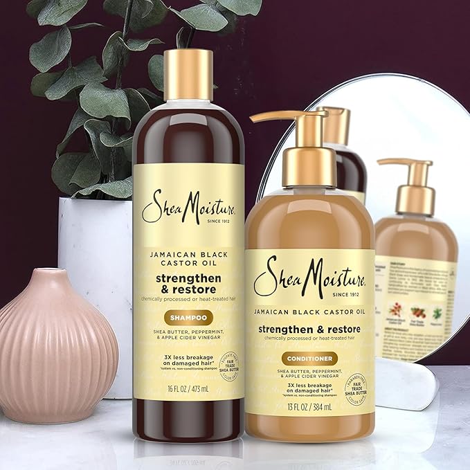 Shea Moisture Jamaican Black Castor Oil Clarifying Shampoo & Conditioner - Strengthen & Restore Sulfate-Free Shampoo & Conditioner Set with Shea Butter, ACV, and Peppermint Oil for Hair (2 Piece Set)