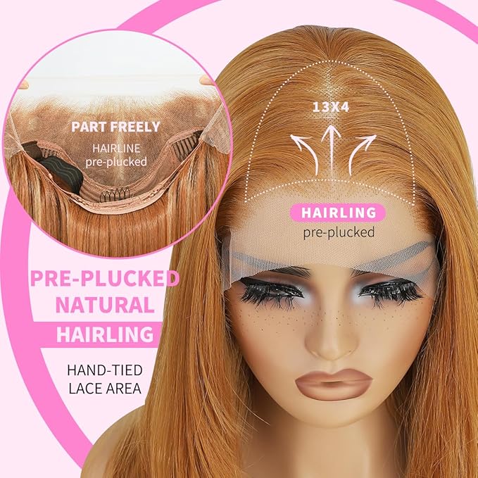 13x4 Synthetic Lace Front Wigs Pre Plucked 26 Inch Long Layered Ginger Straight Wigs For Women 100% Futura Premium Fiber Ready to Wear Wig With Bangs Beginner Friendly Daily Party Use