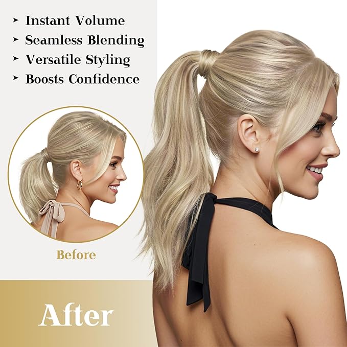 Ve Sunny Ponytail Extension Real Human Hair for Women Clip in Ponytail Hair Extension Straight Hair Pieces Wrap Around Warm Ash Blonde Highlights Bleach Blonde 18inch 80G