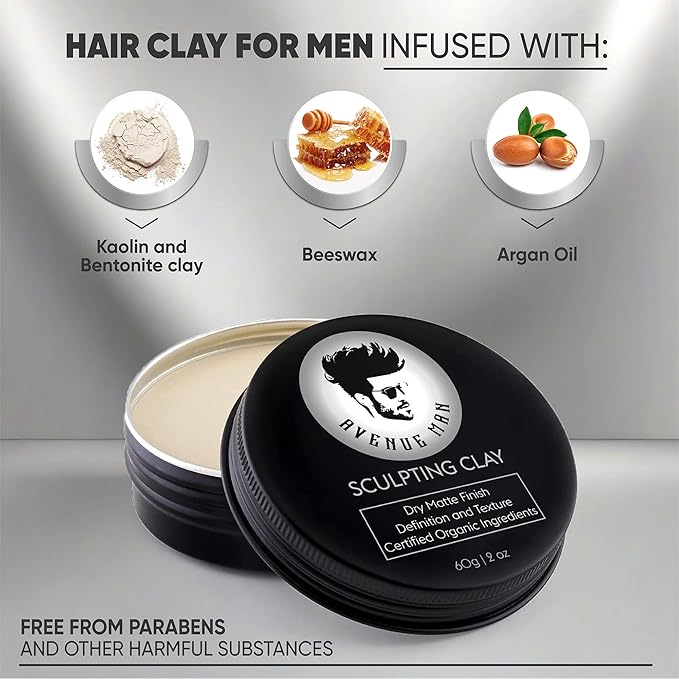 Avenue Man Hair Clay for Men - Matte Finish Sculpting Wax - Strong Hold, Maximum Definition and Textured Control - For All Hair Types - Infused with Beeswax, Kaolin Clay and Argan Oil - 3.0oz/90g