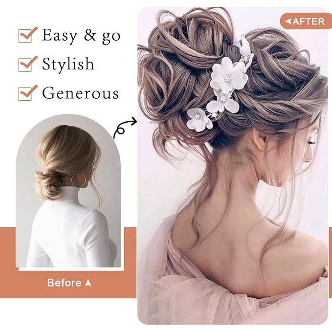2PCS Gray Messy Bun Hair Pieces for Women Bun Updo Hair Pieces Wavy Curly Synthetic Hairpieces for Women Updos Hair Buns Scrunchies Ponytail Extension #4503 Flaxen Gray