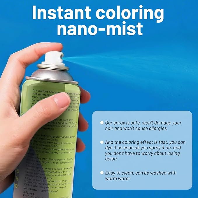 Blue Hair Spray, Temporary Hair Color Spray for Kids Women Men– Safe Non Sticky Washable One Day Hair Dye Spray, Disposable Accessories Included, for Halloween Cosplay Party DIY Costume Pet Fun