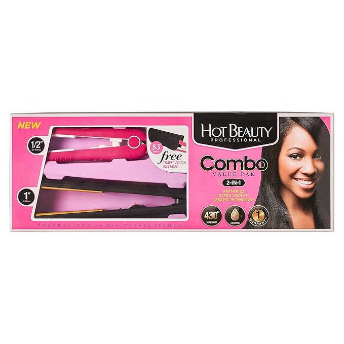 Ceramic Flat Irons 2-in-1 Value Pack 1" and Mini 1/2" with Free Travel Pouch, 2pcs Combs, Detangling Brush, 36pcs Elastic Band Set