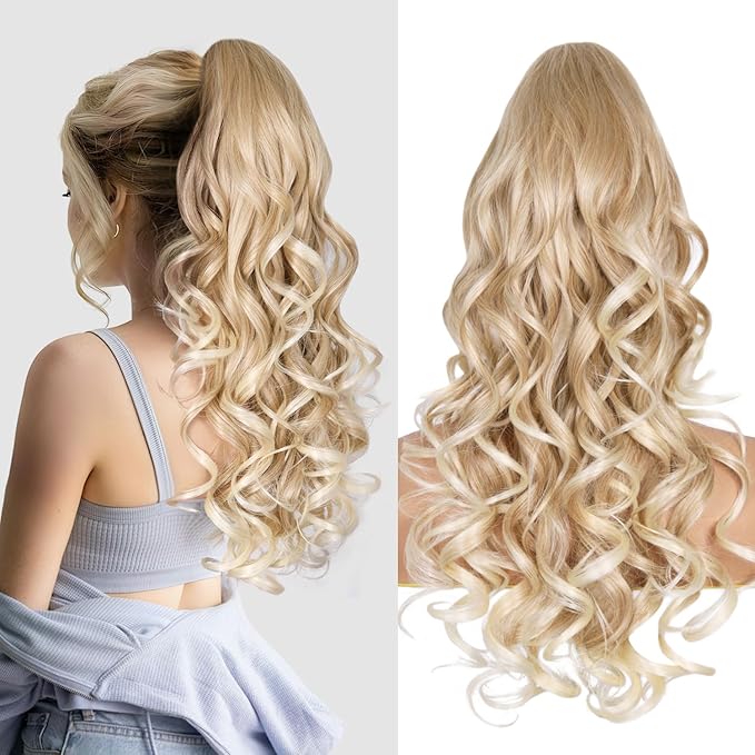 24 Inch Ponytail Extension, Clip on Ponytails for Women, Long Curly Wavy Ponytail Extensions for Women, Synthetic Layered Pony Tails Hair Extensions (Color:Medium Blonde with Bleach Blonde Ends)