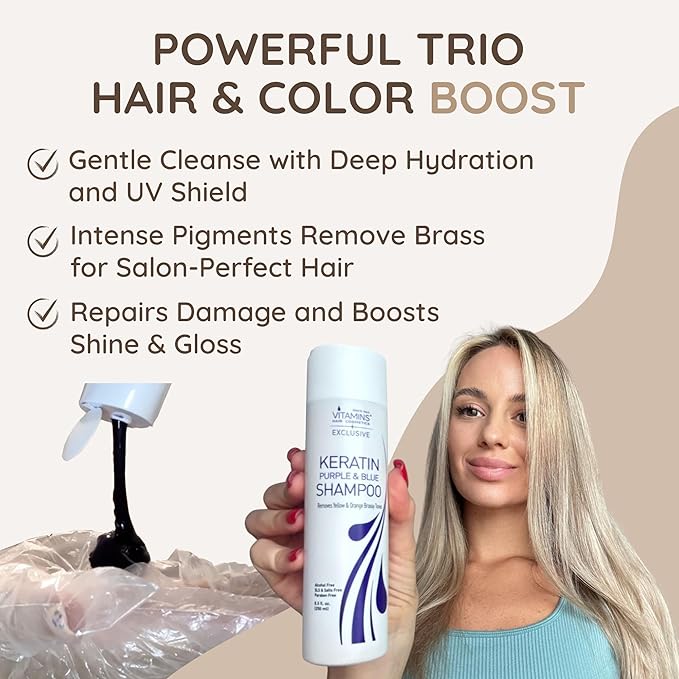VITAMINS hair cosmetics Keratin Purple Shampoo for Blondes - Blue Shampoo - Hair Toner for Bleached Hair - Tones Brassiness & Repairs Blonde, Silver, Grey, White & Ash Gray Locks