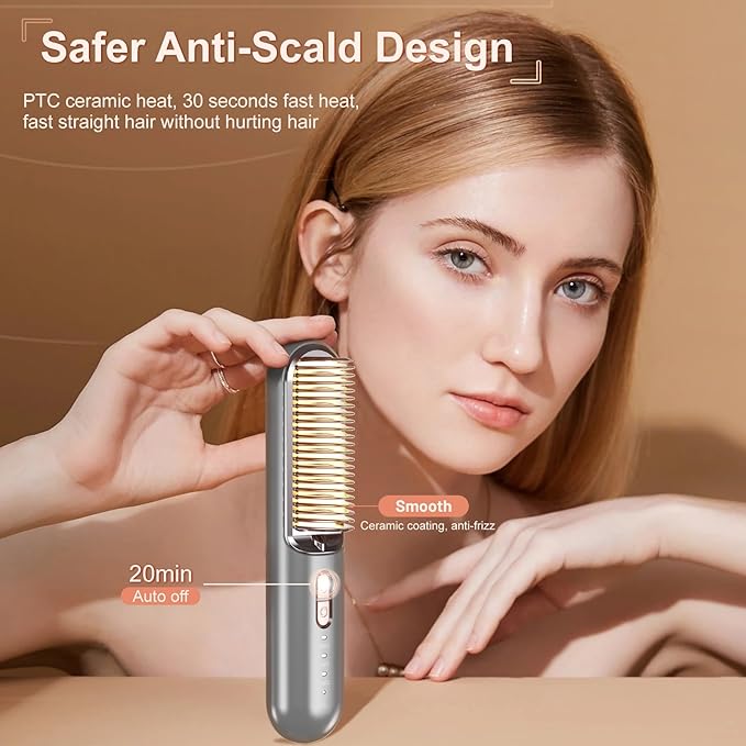 Cordless Hair Straightener Brush Portable Mini USB-C Hair Straightening Comb Anti-Scald Rechargeable Hot Hair Dryer Straightener Brush for Girls Women for Travel Styling