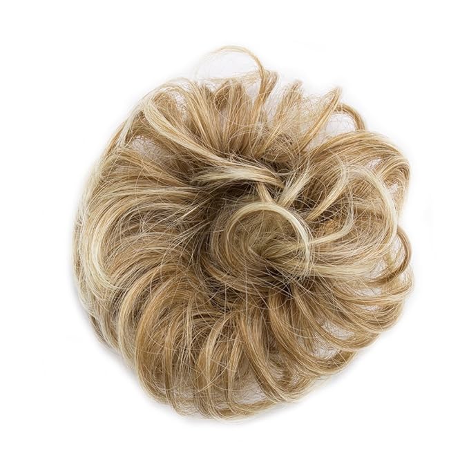 Benehair Messy Bun Hair Piece Scrunchy Updo Hair Pieces for Women Fluffy Wavy Hair Bun Scrunchies Donut Hairpiece Synthetic Chignons With Elastic Rubber Band Light Ash Brown to Bleach Blonde 2pcs 50g