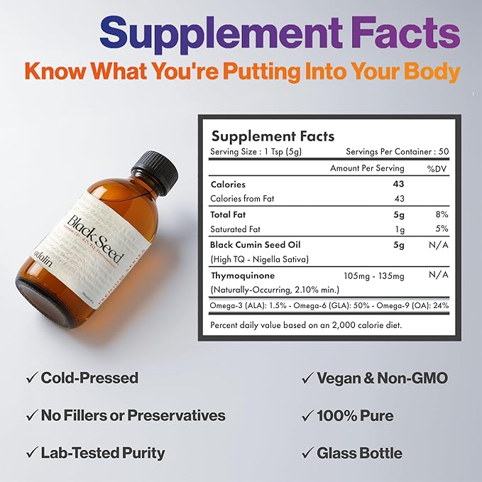 adalin Black Seed Oil Liquid 25.2 fl oz | Nigella Sativa Seed Oil | High Thymoquinone | Cold Pressed | Glass Bottle | Blackseed | Vegan | Gluten Free