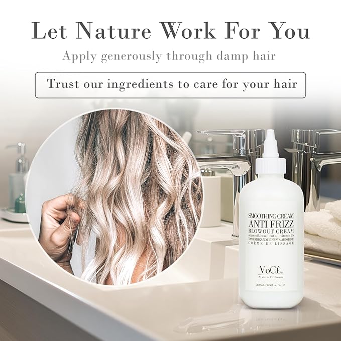 VoCÊ Haircare Natural Smoothing Blowout Cream | Anti-Frizz Blowout Cream with Frizz Control and Heat Protection | Vegan, Non-Toxic, Cruelty-Free Haircare for Smooth, Shiny Hair (8.5 oz | 250ml)