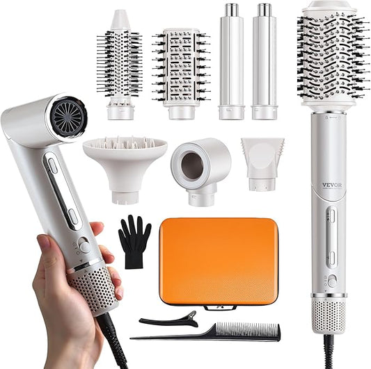 VEVOR Hair Styler Dryer Brush, 7-in-1 Professional Multi Styler with Brushless Motor, 2 Auto-Wrap Curler, 3 Brushes & 3 Nozzle, 110,000RPM High-Speed Hot Air Styler, 90° Folding Design for Fast Drying
