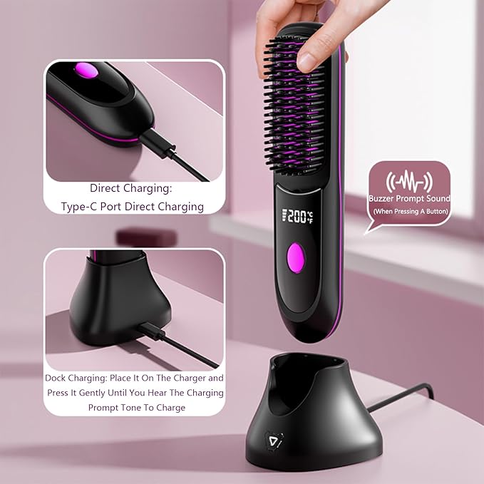 Go Brush Pro Hair Straightener – Cordless Comb with Negative Ion, 7400mAh Fast Heating & Portable Travel Design, Rechargeable Brush for Straightening and Curling (Purple-1Pcs)