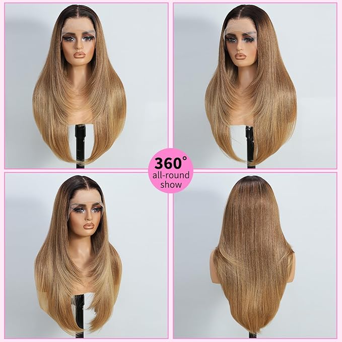 13x4 Synthetic Lace Front Wigs Pre Plucked Honey Blonde with Black 26 Inch Long Layered Straight Wigs For Women 100% Futura Premium Fiber Ready to Wear Wig With Bangs Daily Party Use
