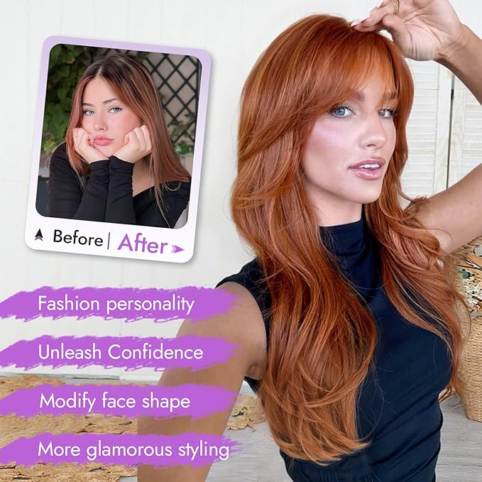 Long Ginger Wig with Bangs for Women,4x4 Realistic Scalp, Free Parting,Layered Hairstyle Synthetic Heat Resistant for Daily Party Use 26 inch