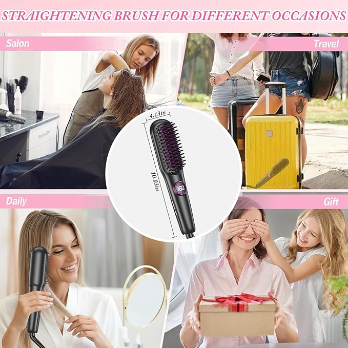Ionic Hair Straightener Brush, 18W Professional Ceramic Straightening Brush for Home Salon, Plasma Straightening Brush, 9 Temp Settings, 20s Fast Heating, Hair Straightener Comb with LED Display