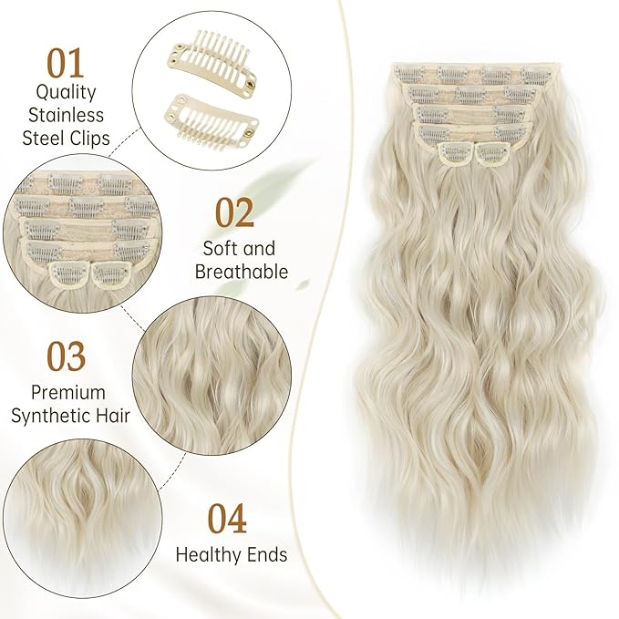 Vigorous Clip in Hair Extensions 20Inch Hair Extensions Clip Ins 6Pcs Long Wavy Soft Synthetic Hairpieces for Women(Platium Blonde)