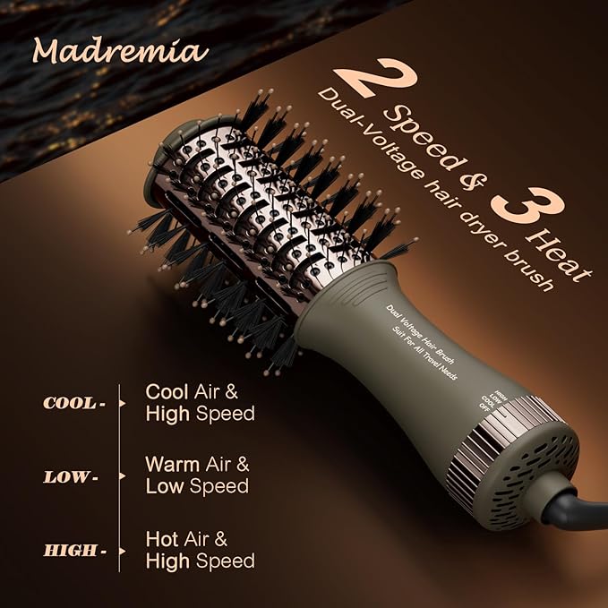 Travel Dual Voltage Blow Hair Dryer Brush 4-IN-1 Portable Mini Hot Air Dryer Straightener & Curler Brush, Titanium Round Blowout Styler Volumizer Tools, 110/240V US/EU/UK Plug for International Travel