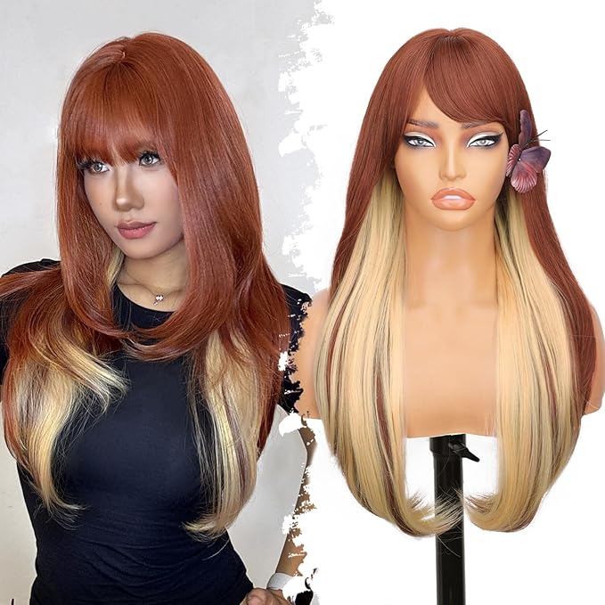 Long Reddish Brown mix Blonde Wig with Bangs for Women,Layered Hairstyle Synthetic Heat Resistant for Daily Party Use 26 inch